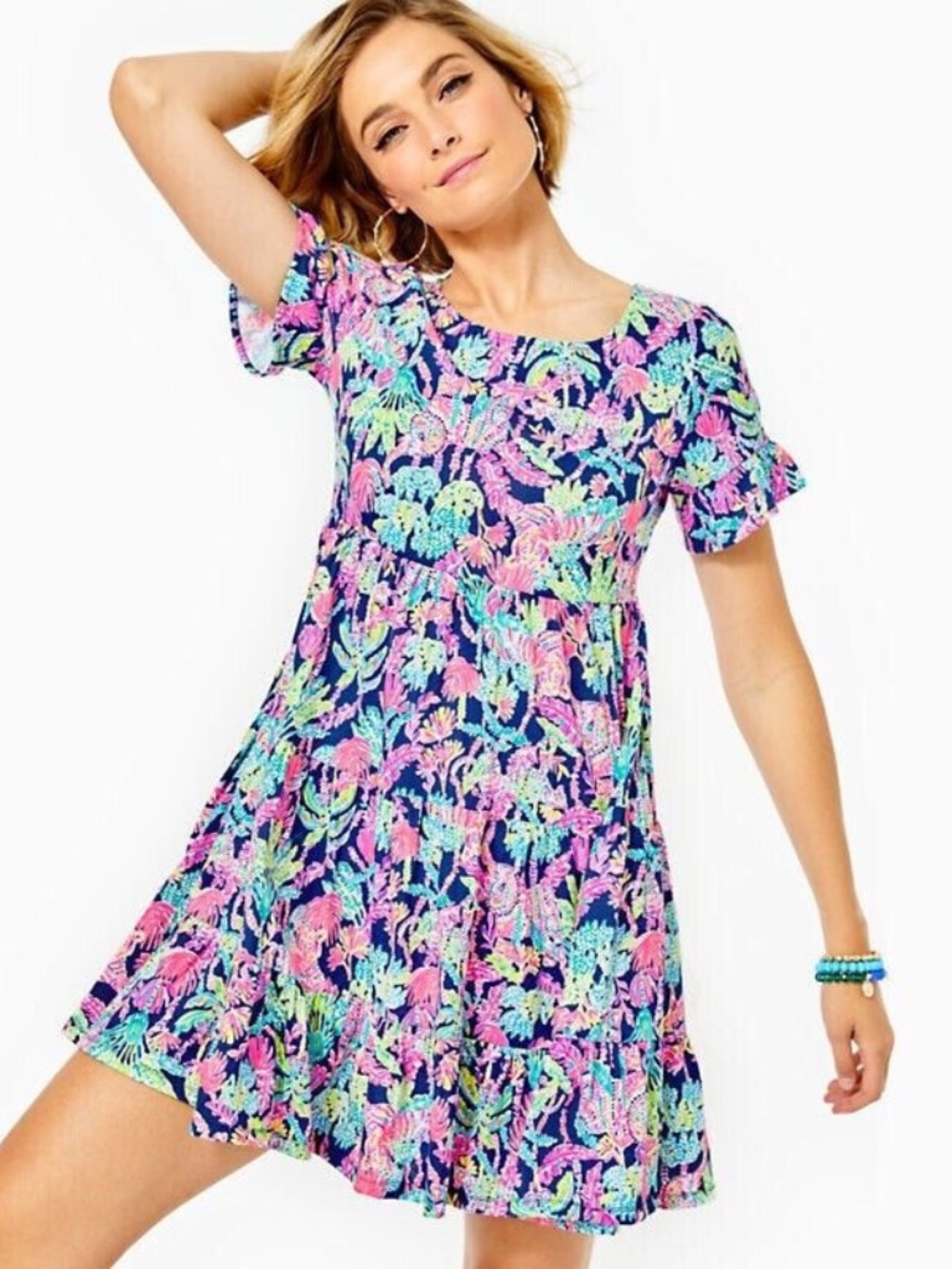 EUC Lilly Pulitzer Women’s Navy Floral Tiered Dress - Pink & Green Print